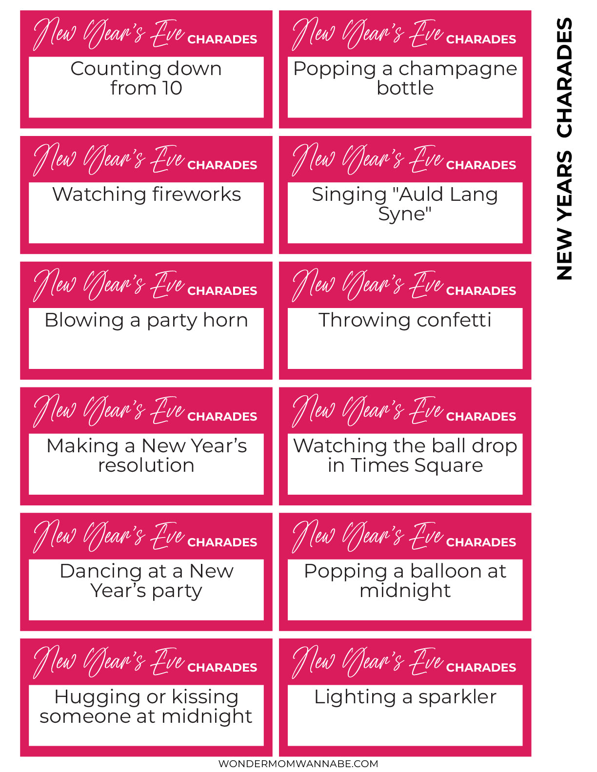 Discover the New Year's Eve Game Night Kit from Wondermom Shop, featuring a variety of charades phrases ideal for your celebration. Whether it's "Counting down from 10" or "Popping a champagne bottle," these activities will enhance your festivities with fun. Download this printable party game to bring joy to your New Year’s Eve gathering.