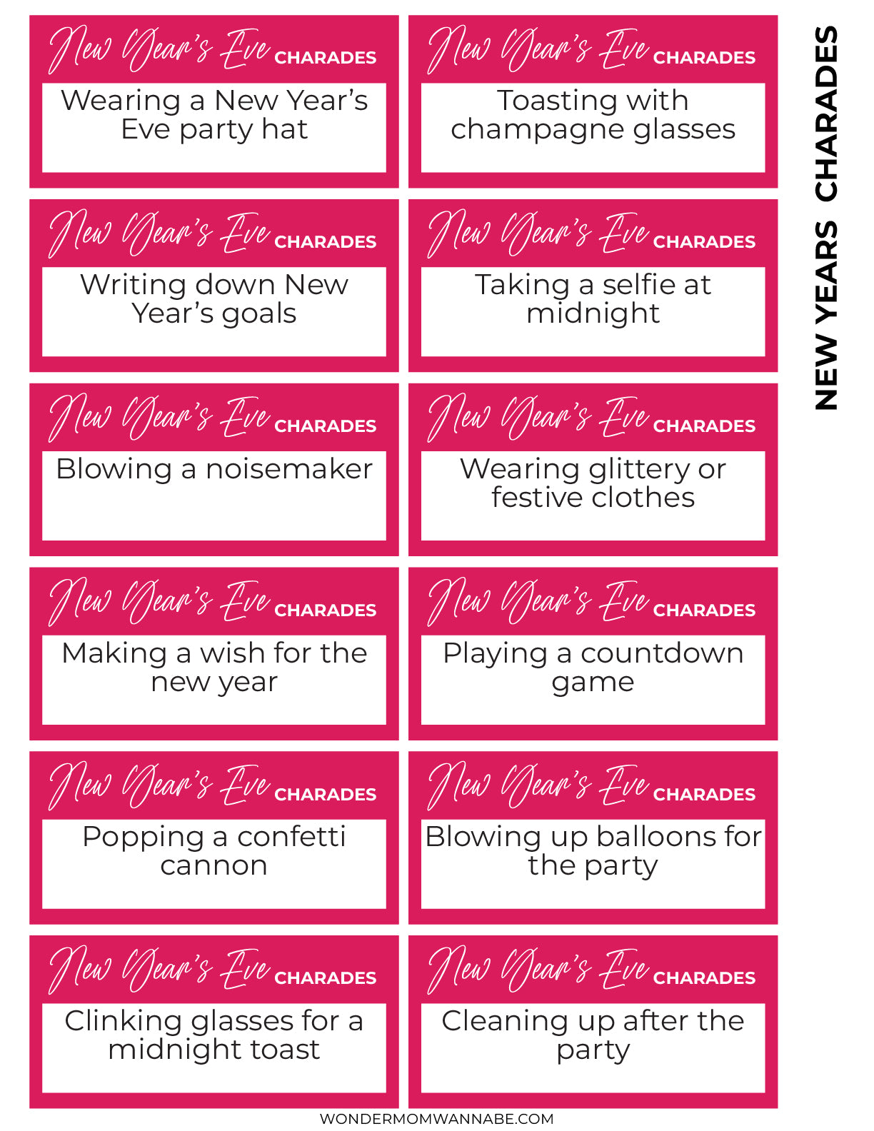 Discover the exciting charades ideas included in the New Year's Eve Game Night Kit by Wondermom Shop. This kit offers a list of fun challenges such as wearing a party hat, toasting with champagne glasses, and making a wish for the new year. It's perfect for an unforgettable celebration and comes complete with a printable party game!