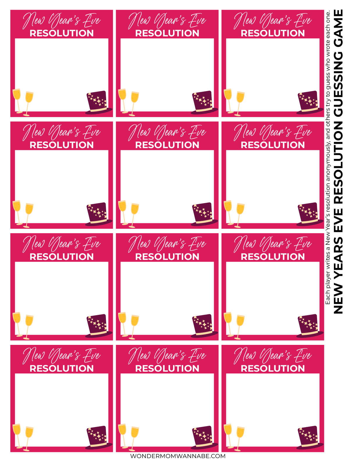 Ring in the New Year with a spirited resolution guessing game! The New Year's Eve Game Night Kit by Wondermom Shop includes twelve blank cards featuring festive champagne glasses and dice illustrations, perfect for enhancing your party game collection.