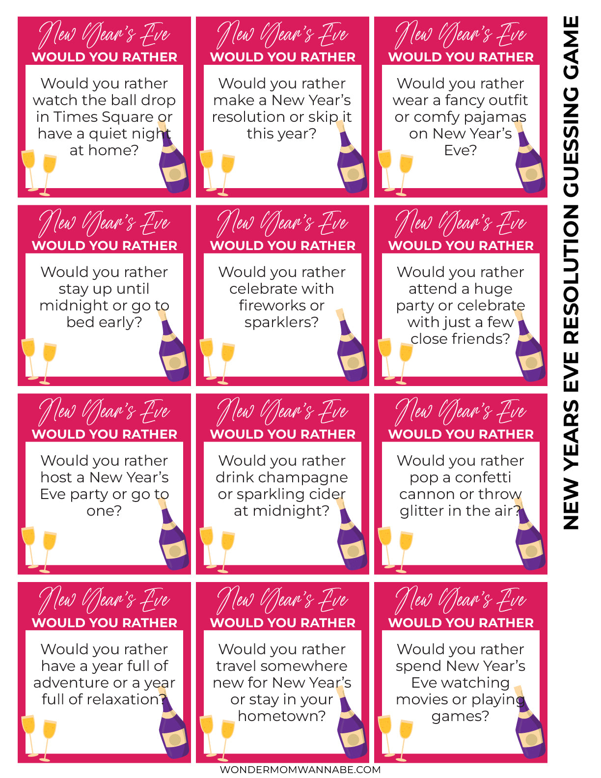 Introducing the New Year's Eve Game Night Kit by Wondermom Shop: a printable party game featuring a grid of New Year’s Eve "Would You Rather" questions, beautifully illustrated with charming champagne bottles and glasses, making it perfect for your celebration.