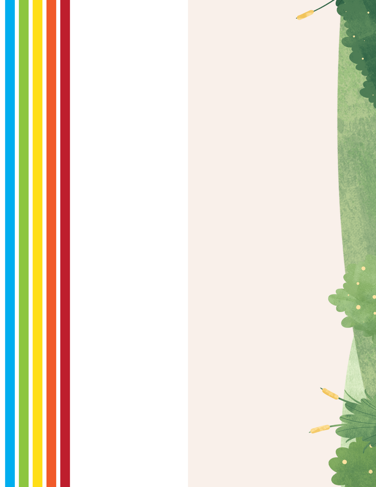 On the left, vertical stripes in blue, yellow, green, and red; on the right, white space with a St. Patrick’s Day green foliage design.