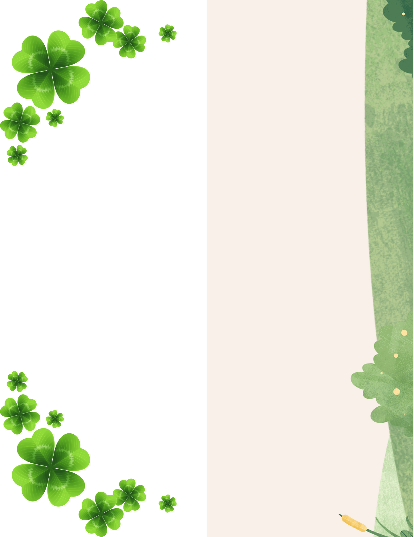 The St. Patrick’s Day Leprechaun Trap Printable by Wondermom Shop presents a lively two-toned background with clovers on the left and abstract green shapes on the right, ideal for festive kid-friendly DIY activities.