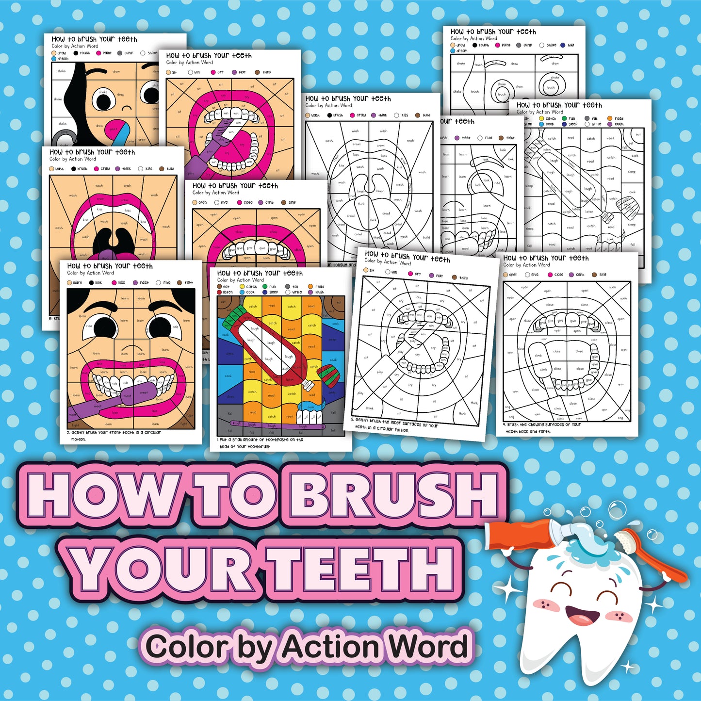 Introducing the "How to Brush Your Teeth Activity Pack" by Wondermom Shop, featuring step-by-step coloring sheets with images and instructions for oral hygiene on a fun blue, polka-dotted background.
