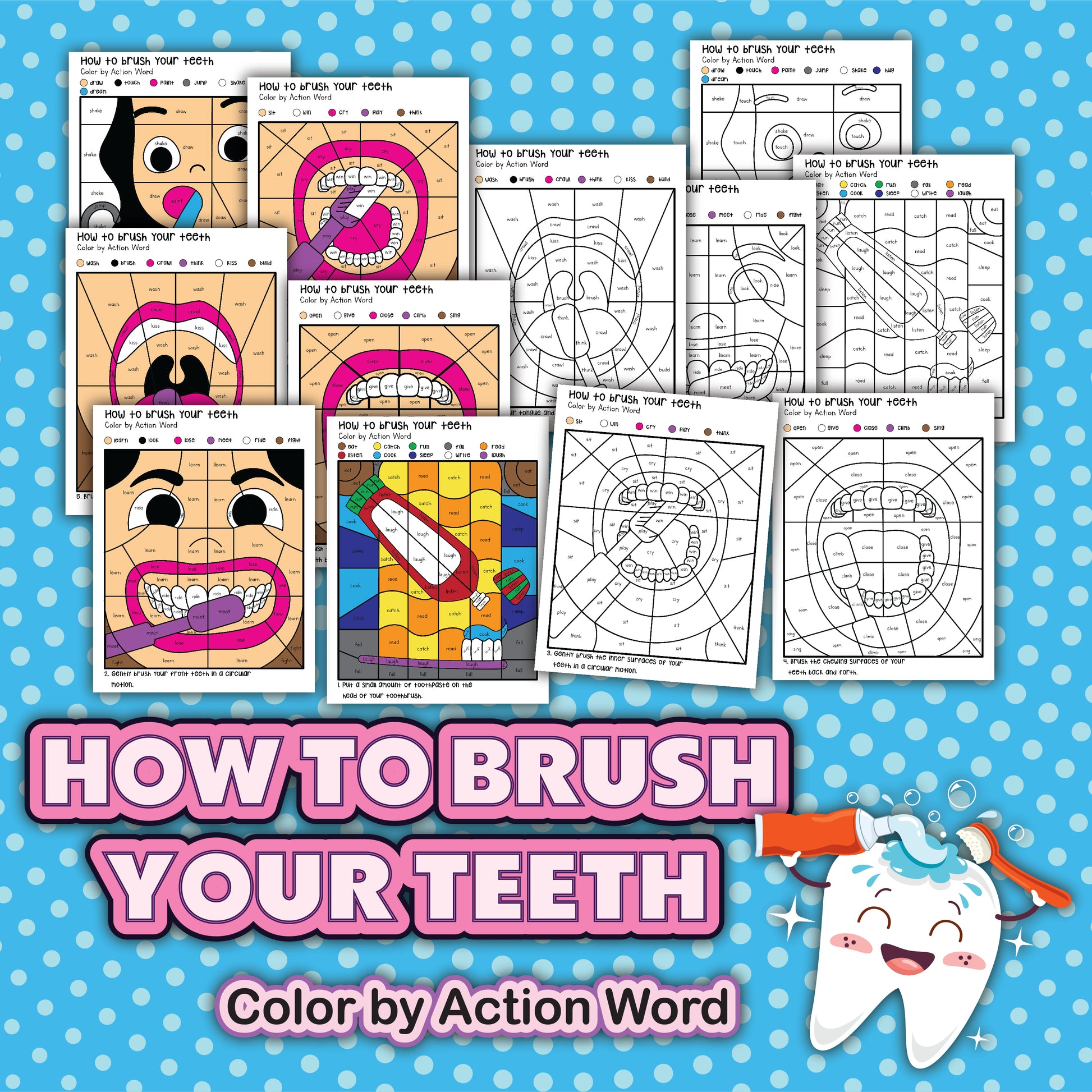 Introducing the "How to Brush Your Teeth Activity Pack" by Wondermom Shop, featuring step-by-step coloring sheets with images and instructions for oral hygiene on a fun blue, polka-dotted background.