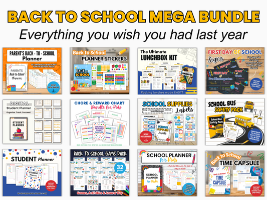 Collage featuring printable student planner pages, stickers, lunchbox kits, supply lists & safety packs from Wondermom Shop’s "The Ultimate Back-to-School Bundle for Busy Moms," shown under a "Back to School Mega Bundle" heading.