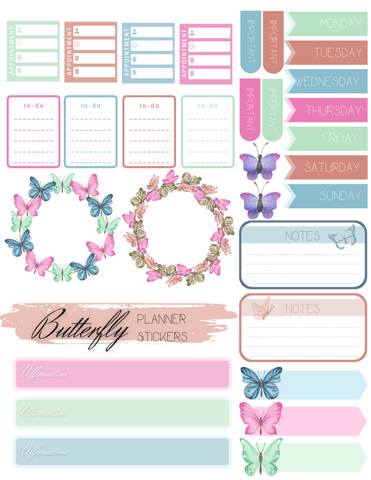 A collection of Butterfly Planner Stickers and stickers from Wondermom Printables.