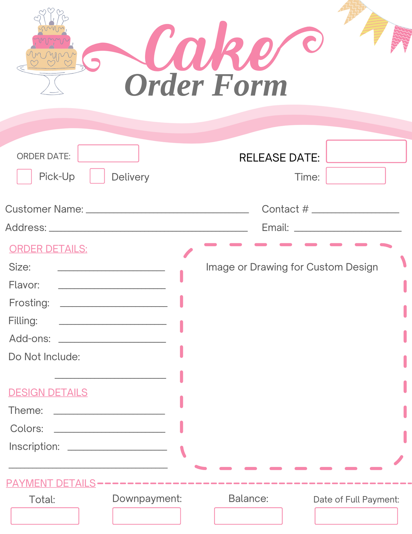 The Wondermom Printables Cake Order Form includes sections for order date, release date, pick-up or delivery options, customer and contact information, order details (such as size, flavor, frosting, filling, and add-ons), special instructions for your custom cake design (covering theme, colors, and inscription), as well as payment details. It's perfect for any special occasion cake!