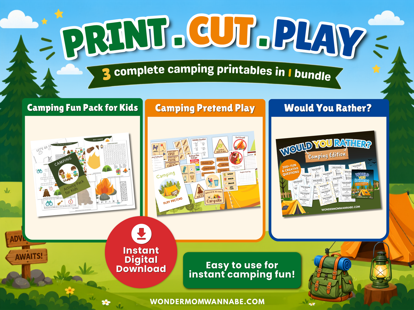 Instant download camping bundle with printable kids activities, camping pretend play, and Would You Rather game for screen-free fun.