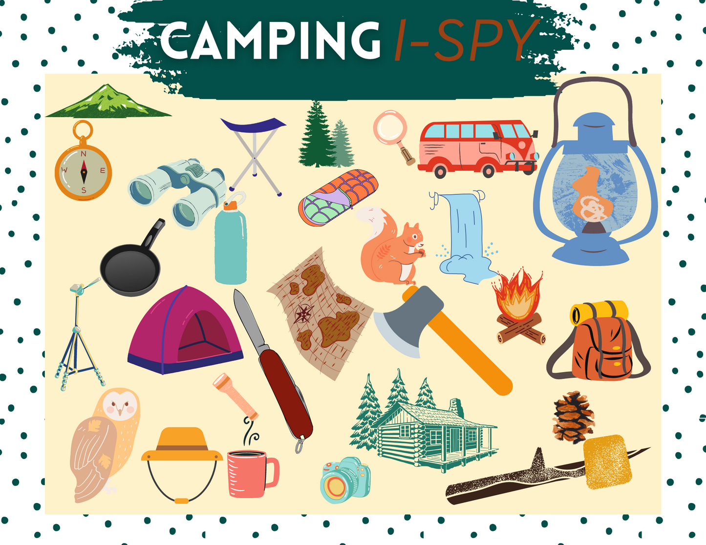 Illustration titled "Camping I Spy" by Wondermom Printables, a printable game featuring various camping-related items including a tent, campfire, lantern, binoculars, backpack, and map, all arranged on a polka-dotted background. Perfect for your next camping adventure!