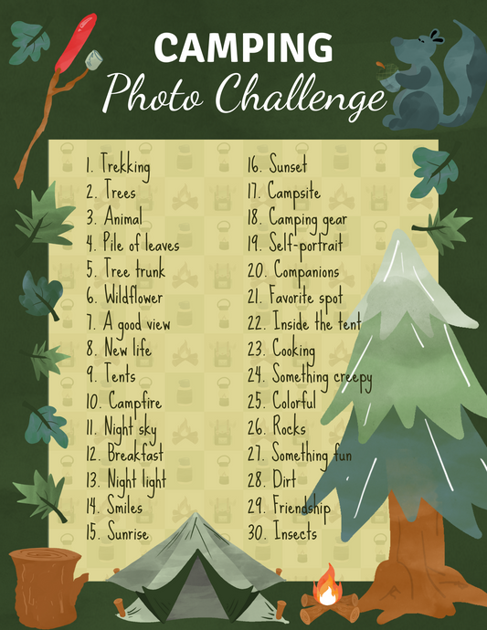 Illustration of a Wondermom Printables Camping Photo Challenge checklist with 30 outdoor-themed tasks, featuring icons like a tent, mountains, and wildlife.