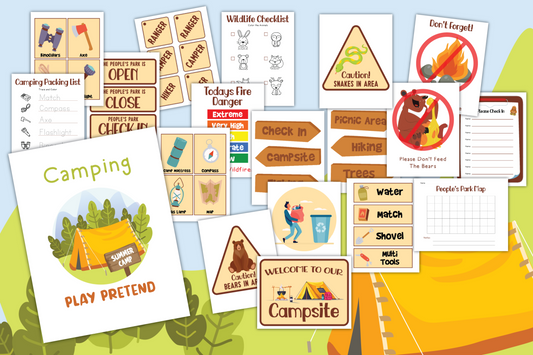 Illustration of various camping-themed signs, checklists, and labels from Wondermom Shop's "Camping Pretend Play" collection, including a "Camping Adventure Pretend Play" poster, outdoor safety tips, fire danger chart, wildlife checklist, and signs for camp activities.
