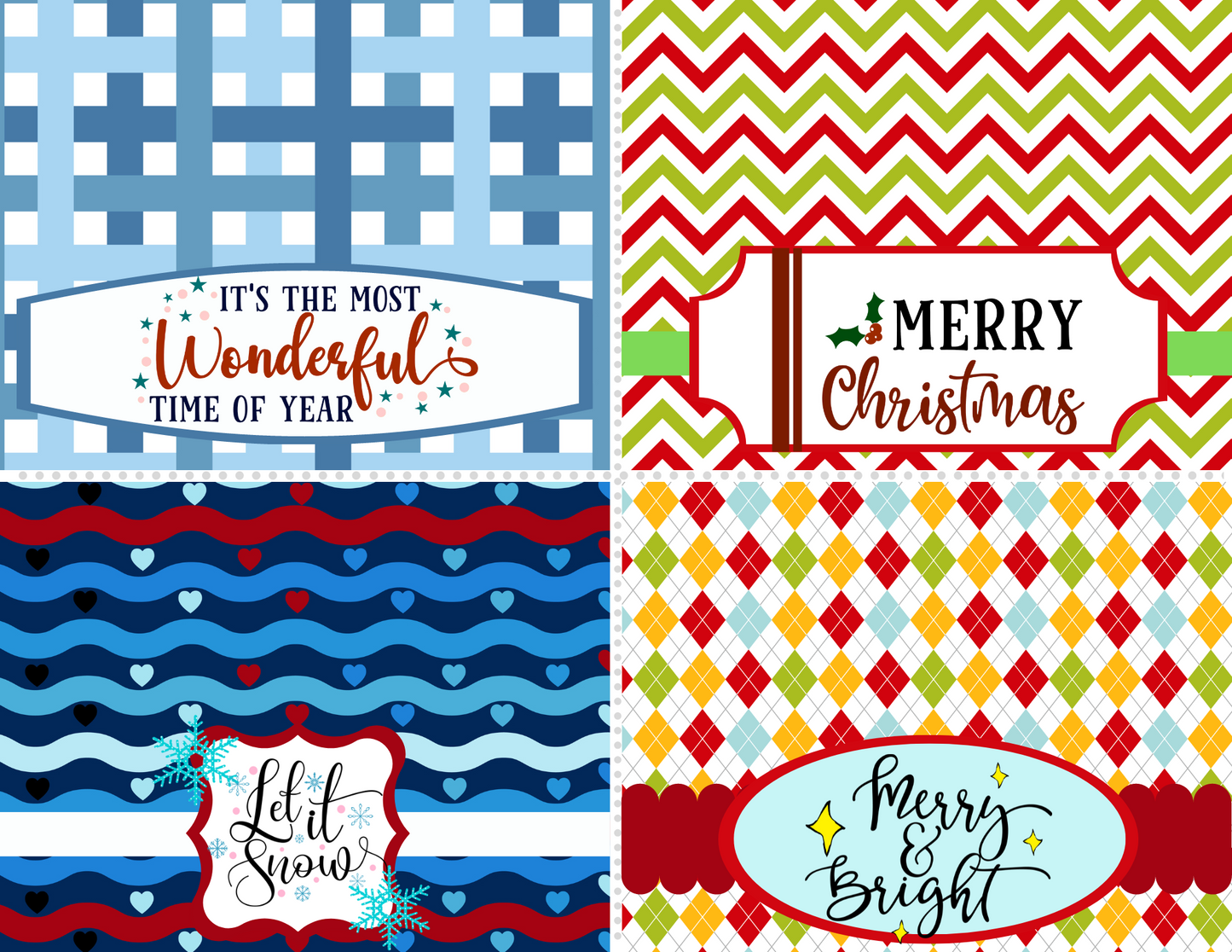 Wondermom Printables' Christmas Bag Toppers feature four unique holiday-themed designs with the messages: "It's the Most Wonderful Time of Year," "Merry Christmas," "Let it Snow," and "Merry & Bright." Each design is crafted with distinct patterns and color schemes, making them perfect for customizable packaging.