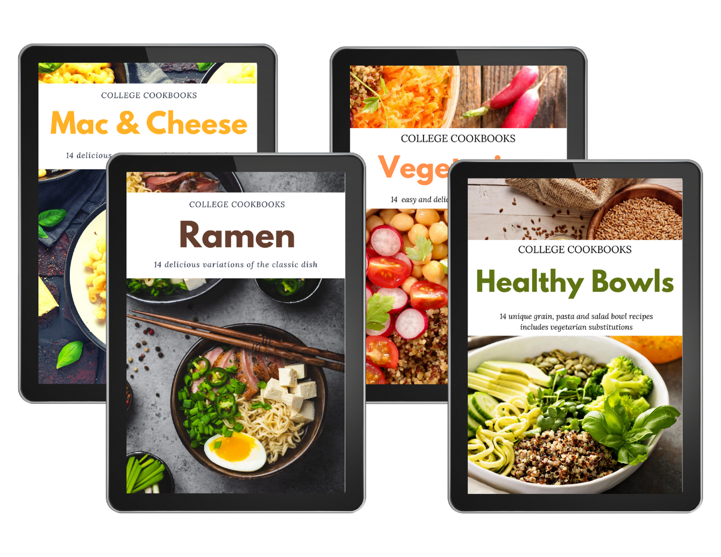 Four College Cookbook Bundles with Wondermom Shop healthy bowls on them.