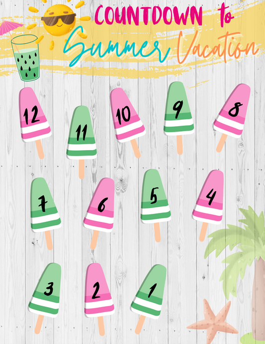 Illustrated countdown chart from Wondermom Printables, titled "Countdown to Summer Vacation," featuring ice cream bars numbered from 1 to 12, set against a light wooden background with summer-themed decorations.
