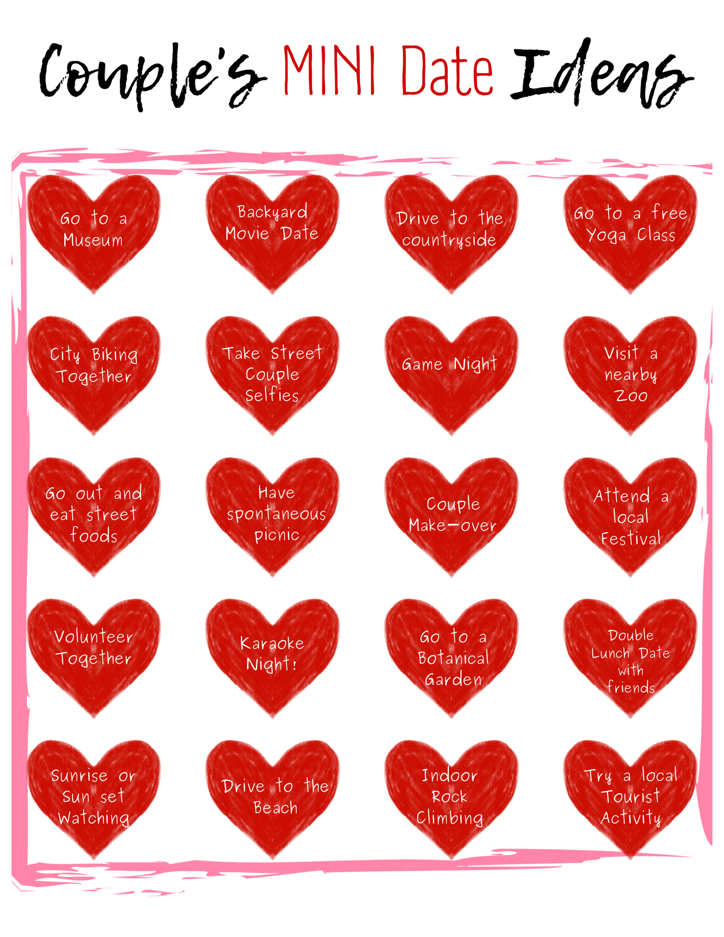 Graphic with Couples Mini Date Ideas, each idea enclosed within a heart illustration by Wondermom Printables.