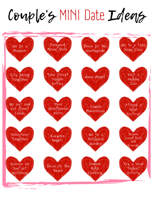 Graphic with Couples Mini Date Ideas, each idea enclosed within a heart illustration by Wondermom Printables.