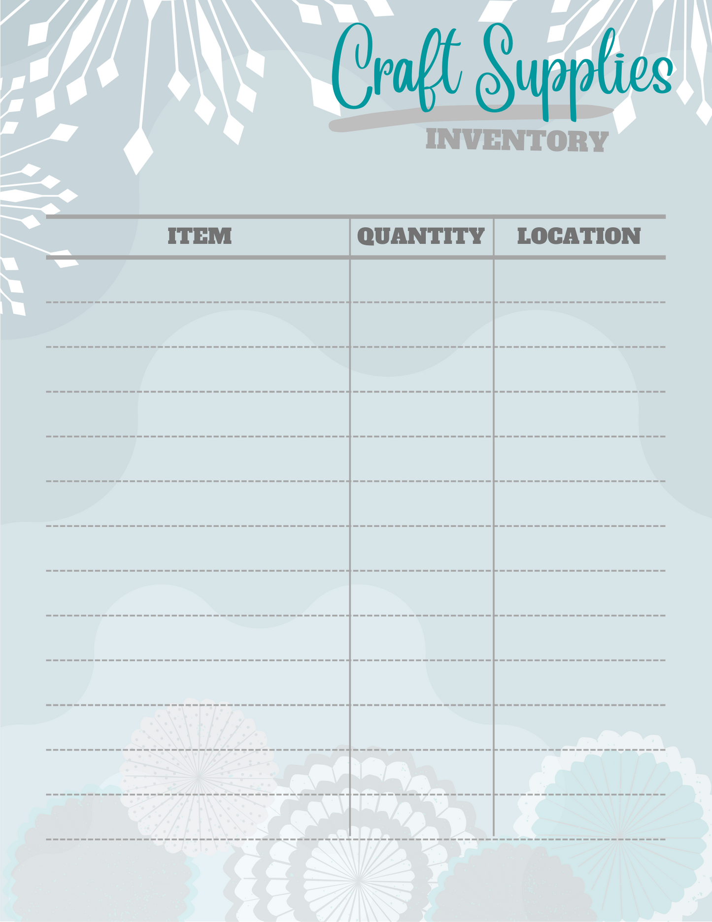Wondermom Printables' Craft Room Supplies Inventory chart features three columns for Item, Quantity, and Location, set against a decorative background with geometric and floral patterns.