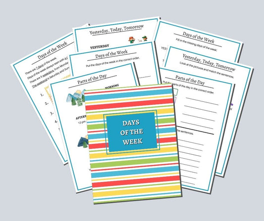 The "Days of the Week Activity Set" by Wondermom Shop is a collection of interactive worksheets featuring various activities, each page adorned with a colorful border. This educational pack provides engaging and informative content for young learners.