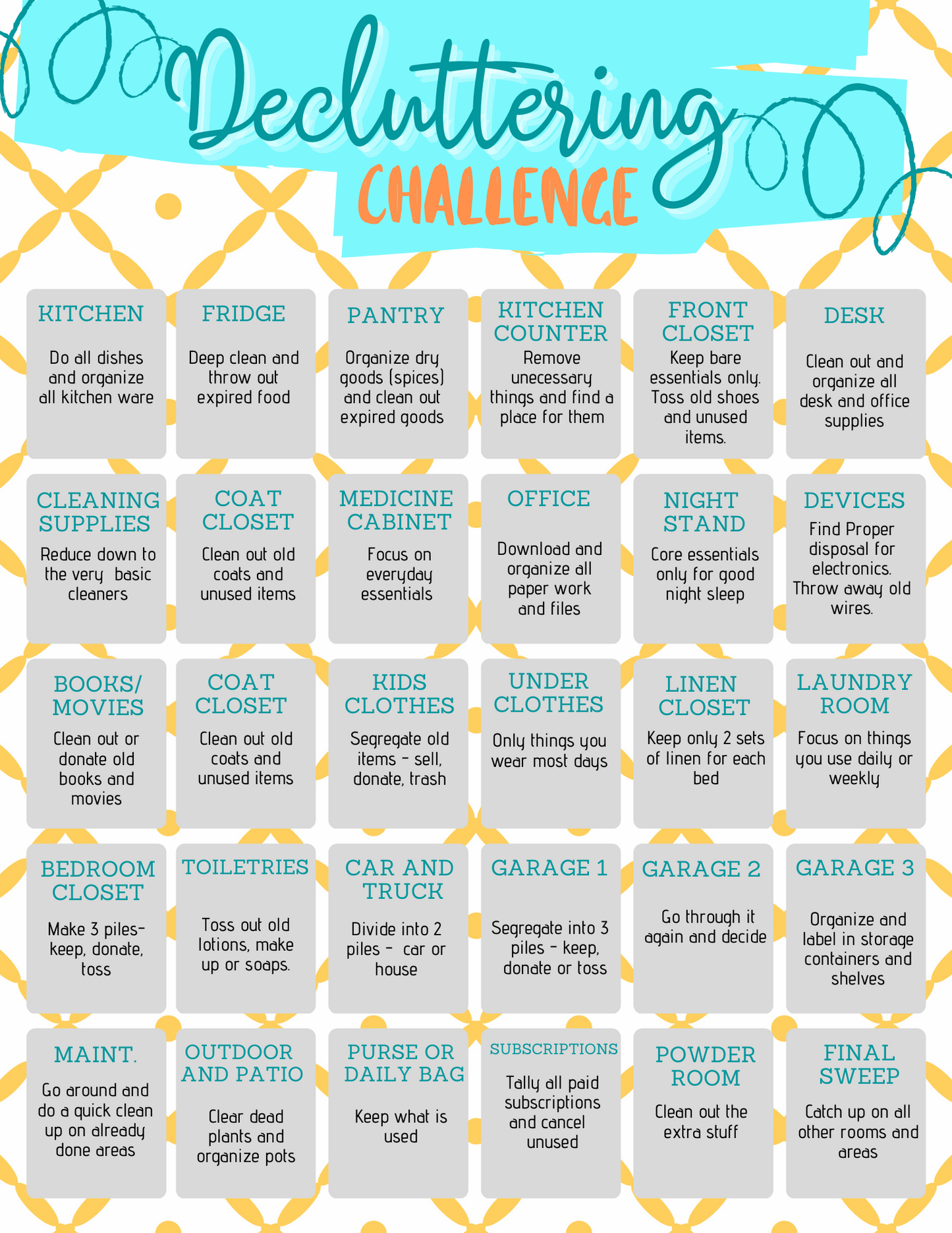 A Wondermom Printables Decluttering Challenge poster with the words decluttering challenge.