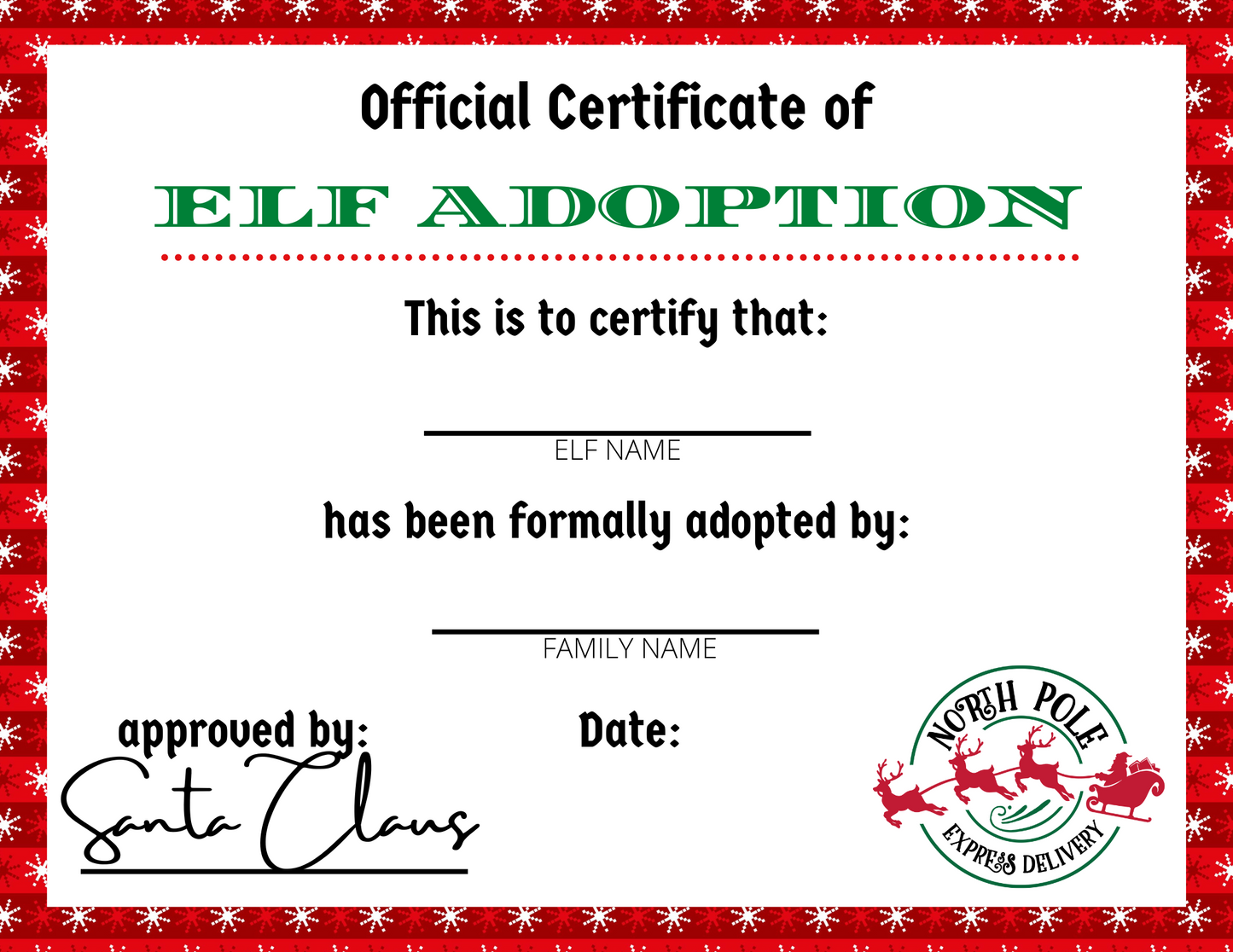 Wondermom Printables Elf Adoption Certificate with Santa Claus and Santa Claus.