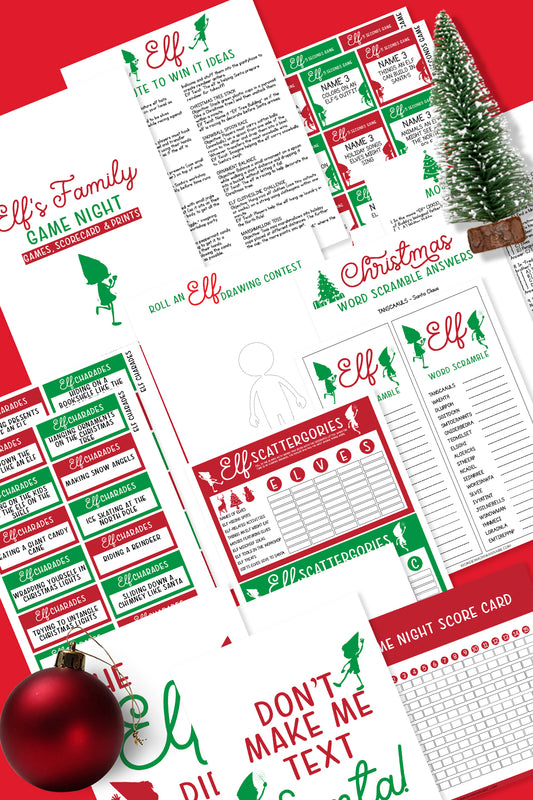 The Elf’s Family Game Night Kit by Wondermom Shop offers assorted Christmas-themed game printables with elf motifs, ideal for holiday activities like word scrambles, scattergories, and bingo. Includes decorations like a small tree and a red ornament.