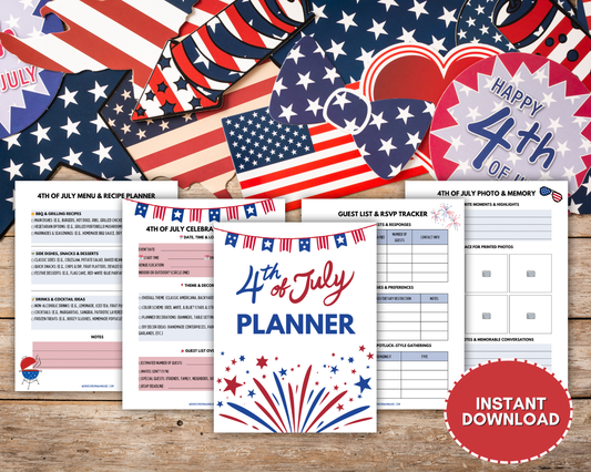 The Printable 4th of July Planner – Party, Meal, and Celebration Organizer from Wondermom Shop is shown on a wooden surface with patriotic designs, checklists, and an "Instant Download" label—ideal for planning Independence Day.