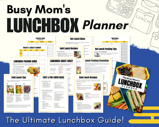 The Ultimate Lunchbox Guide from Wondermom Shop's Busy Mom's Lunchbox Planner includes weekly plans, tips, and colorful meal prep recipe sheets. Perfect for packing satisfying lunches!.