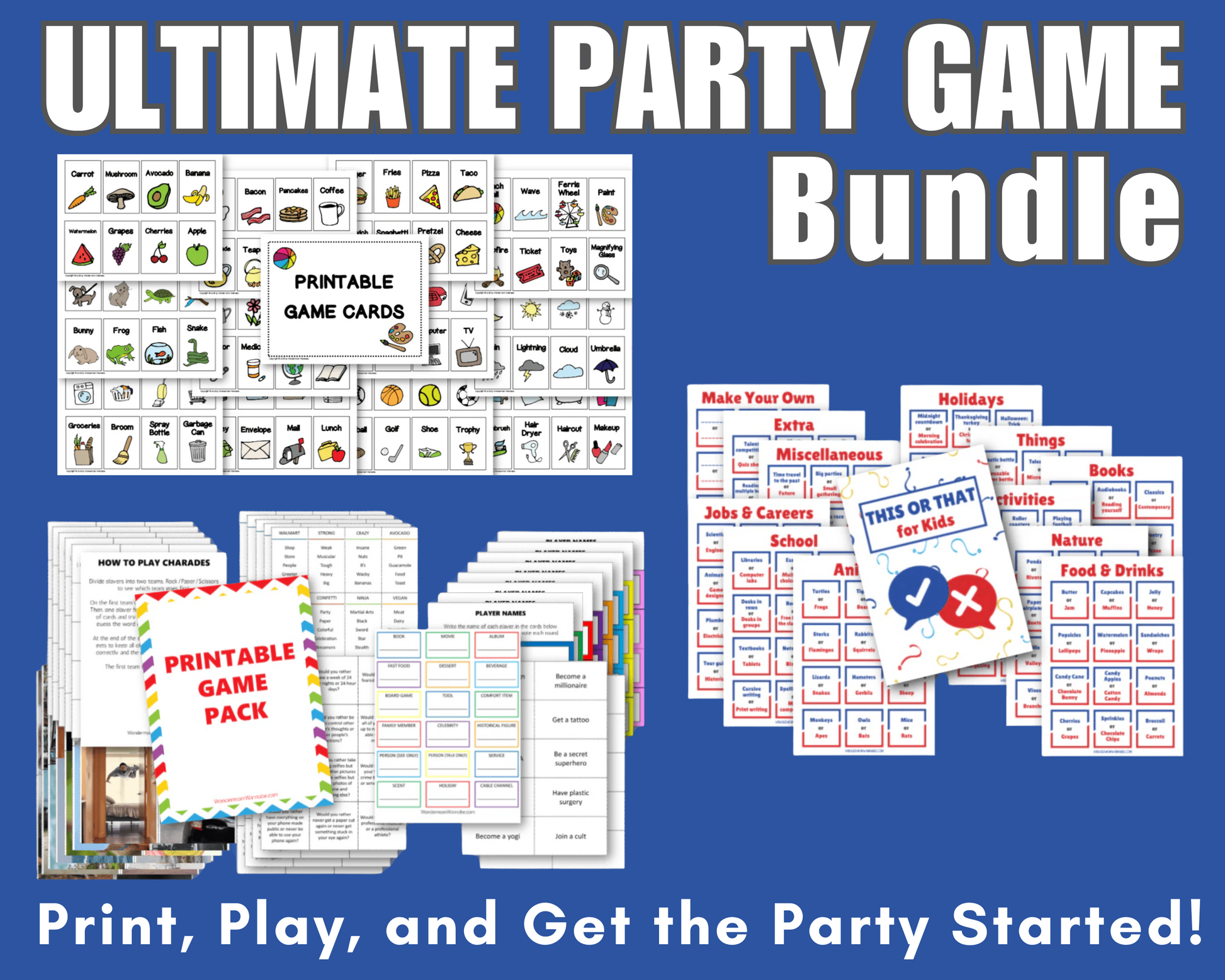 Promotional image for Wondermom Shop's "Family Fun & Conversation Game Bundle" with printable games, game pack, and themed activities on a blue background. Ideal for sparking laughter and joy at any family gathering.