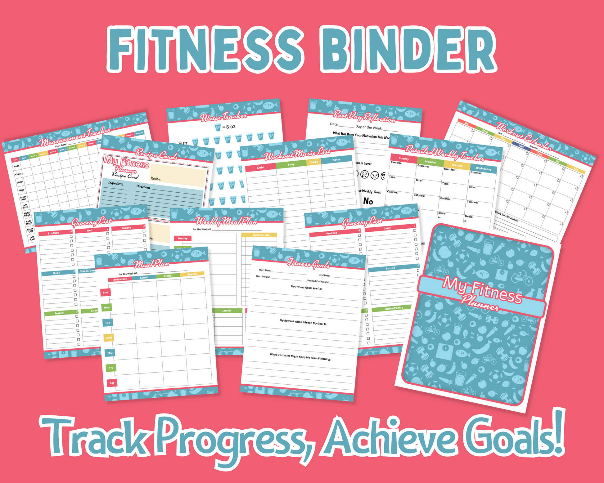 My Fitness Planner" by Wondermom Shop features pink fitness binder pages to track workouts, meals, and progress. With "Track Progress, Achieve Goals!" text, it’s an ideal printable planner for health and wellness enthusiasts.
