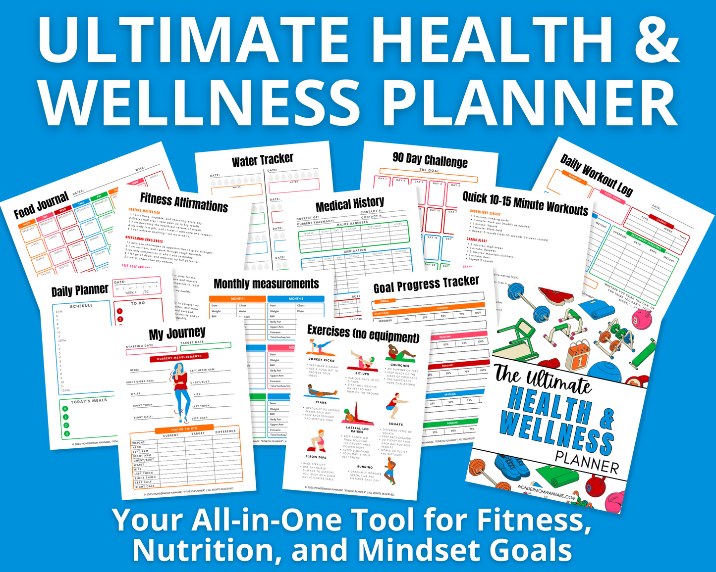 Wondermom Shop's Ultimate Health & Wellness Planner showcases pages with food sections, fitness planner routines, water tracking, medical history, and goal progress. Features colorful graphics and habit trackers to aid meal planning and chart your health journey.