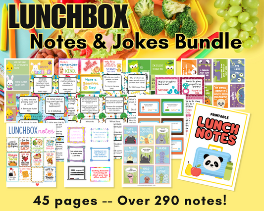 The image showcases the Lunchbox Notes & Jokes Mega Bundle by Wondermom Shop, featuring various note designs, fruit illustrations, and a lunchbox graphic across 45 pages with over 290 notes.