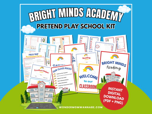 Bright Minds Academy - Printable Pretend Play School Kit for Kids by Wondermom Shop includes illustrated classroom printables, class rules, signs, forms, and a school building. Instantly download in PDF and PNG formats—perfect for early learning fun!.