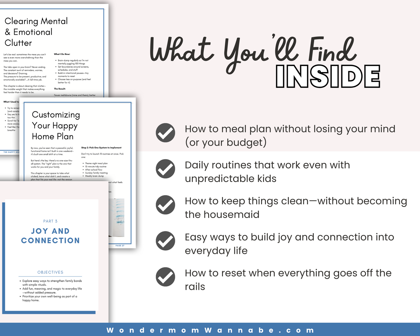 Image highlights topics from "The Happy Home Blueprint: A Simple Guide to a Calmer, More Joyful Family Life" by Wondermom Shop—covering meal planning, routines, cleaning tips, building joy, and resets—with preview pages and checklists.