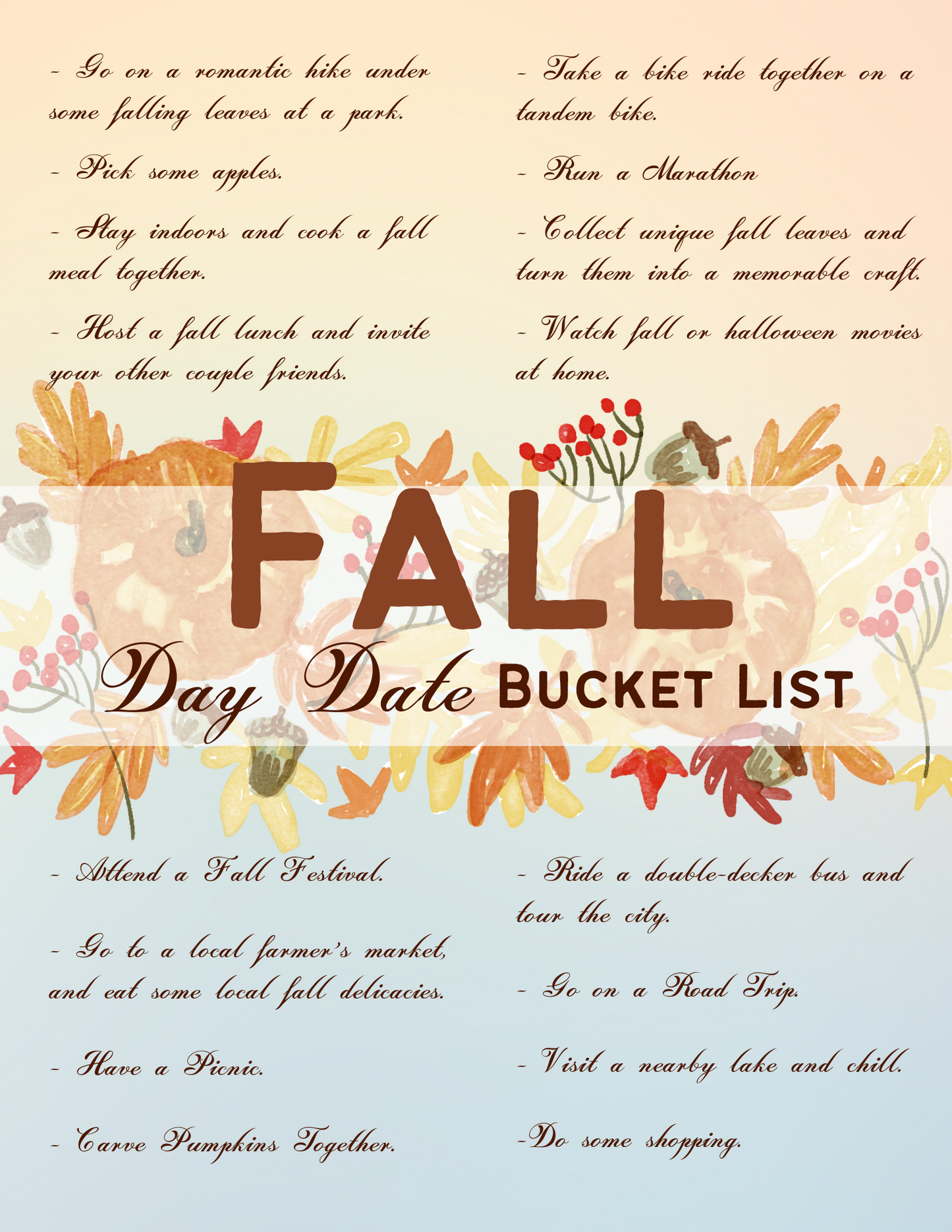 A memorable season awaits with the Wondermom Printables' Fall Day Date Bucket List, adorned with autumn leaf decorations and featuring activities like hiking, picnicking, attending a fall festival, carving pumpkins, and watching seasonal movies.