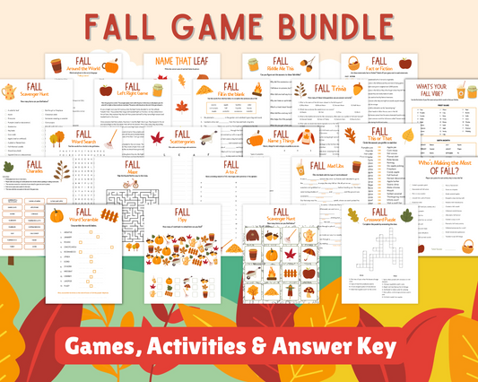 An image showcasing the **Ultimate Printable Fall Game Pack** by **Wondermom Shop** with a variety of printable games, activities, and an answer key. The games include word searches, trivia, mazes, and more, all themed around fall. The text reads "Games, Activities & Answer Key.