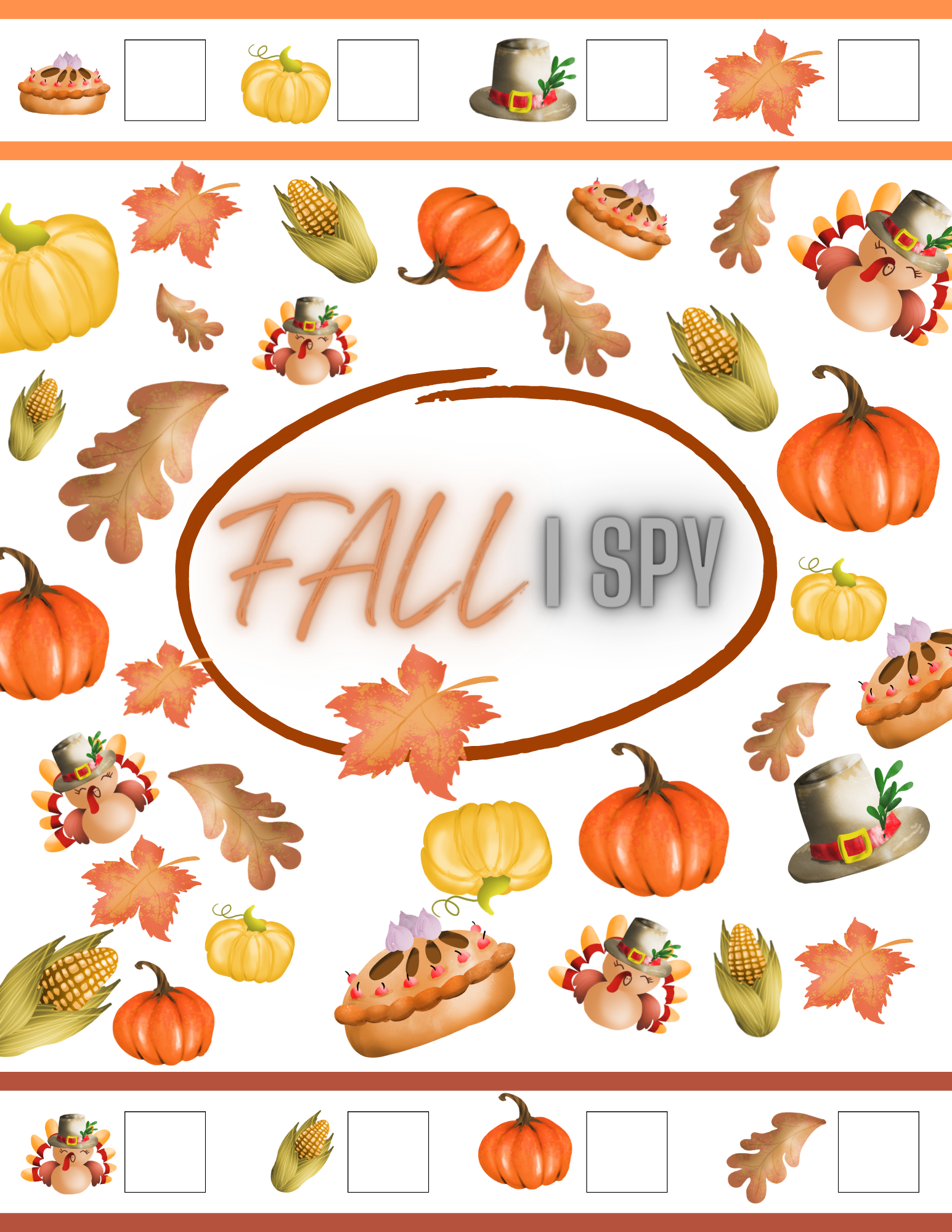 The "Fall I Spy" game puzzle by Wondermom Printables features vibrant illustrations of pumpkins, leaves, corn, turkey hats, and pie slices surrounding the text "FALL I SPY" at the center. The image is bordered by blank squares for a printable autumn activity filled with lively fall objects.