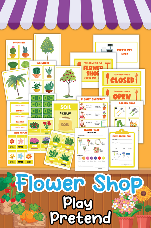 The "Flower Shop Pretend Play" from Wondermom Shop includes illustrated signs for seedlings, soil, a florist checklist, a flower delivery form, a closed sign, and a price list displayed against a yellow wall with a striped canopy.