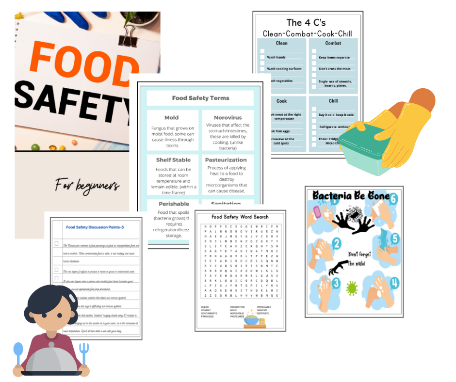 Discover the Food Safety Activity Set by Wondermom Shop—a delightful collage of educational materials for children, featuring the "Food Safety for Beginners" booklet, essential guidelines, terminologies, a fun word search, and an engaging "Bacteria Be Gone" graphic with cartoon figures and cleaning supplies—perfect for introducing kids to food safety.