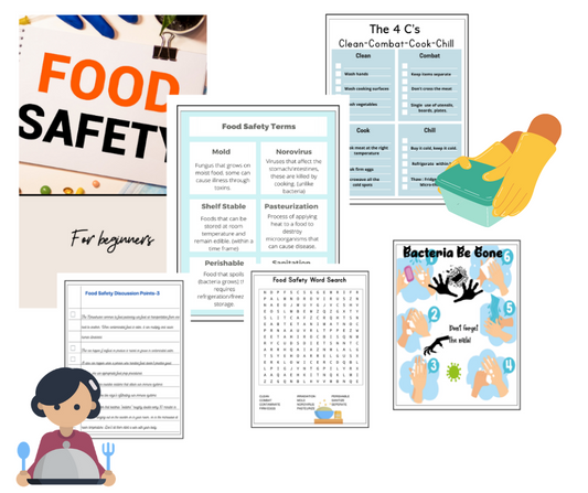 Discover the Food Safety Activity Set by Wondermom Shop—a delightful collage of educational materials for children, featuring the "Food Safety for Beginners" booklet, essential guidelines, terminologies, a fun word search, and an engaging "Bacteria Be Gone" graphic with cartoon figures and cleaning supplies—perfect for introducing kids to food safety.