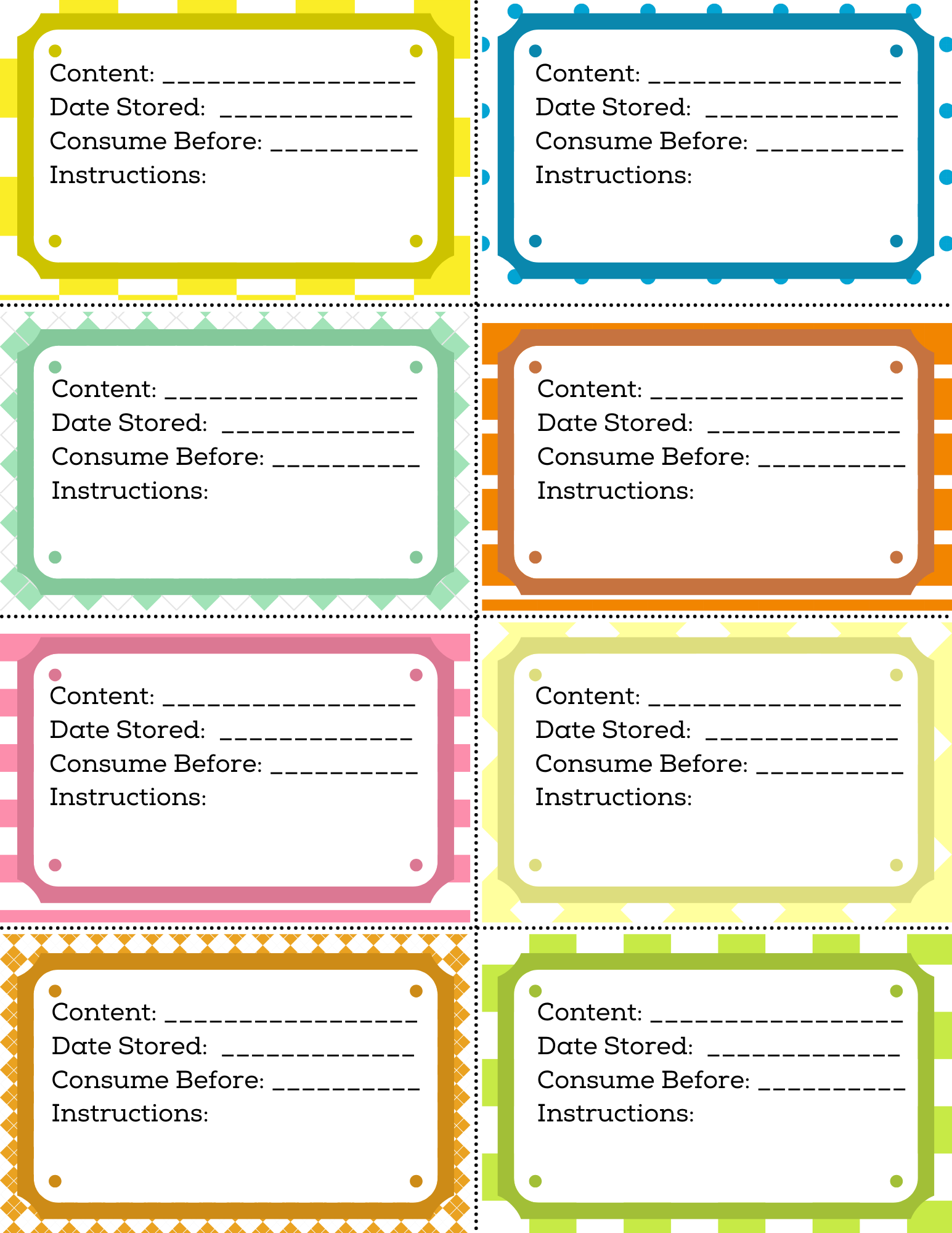 An array of eight colorful Wondermom Printables Freezer Labels with spaces for content description, date stored, consume before date, and instructions.