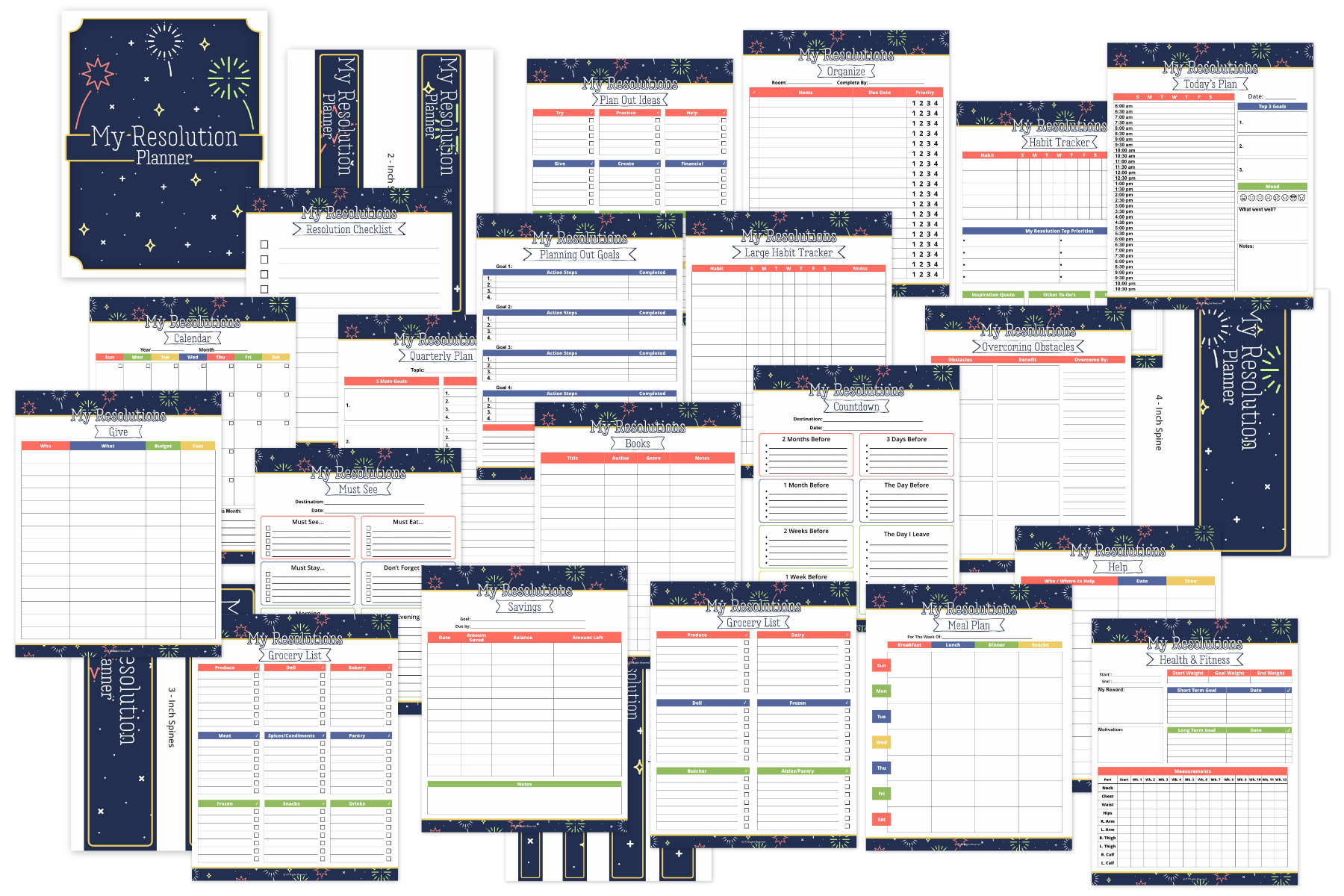 Discover the "Resolution Planner" by Wondermom Shop—a set of planner pages with calendars, lists, and goal-setting sections. Featuring a blue theme and fireworks accents, it's perfect for inspiring growth and keeping your ambitions on track.