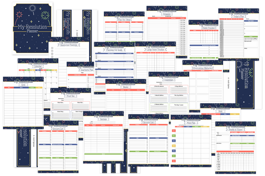 Discover the "Resolution Planner" by Wondermom Shop—a set of planner pages with calendars, lists, and goal-setting sections. Featuring a blue theme and fireworks accents, it's perfect for inspiring growth and keeping your ambitions on track.