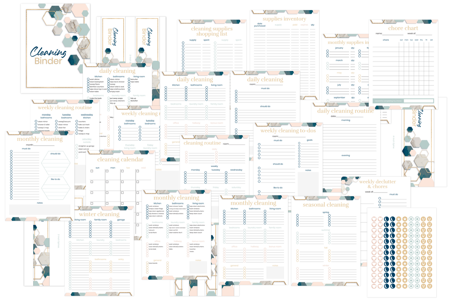 The Cleaning Binder by Wondermom Shop is your go-to guide for a spotless home, featuring geometric design pages with lists, schedules, and chore charts to enhance your organizing and cleaning routine.