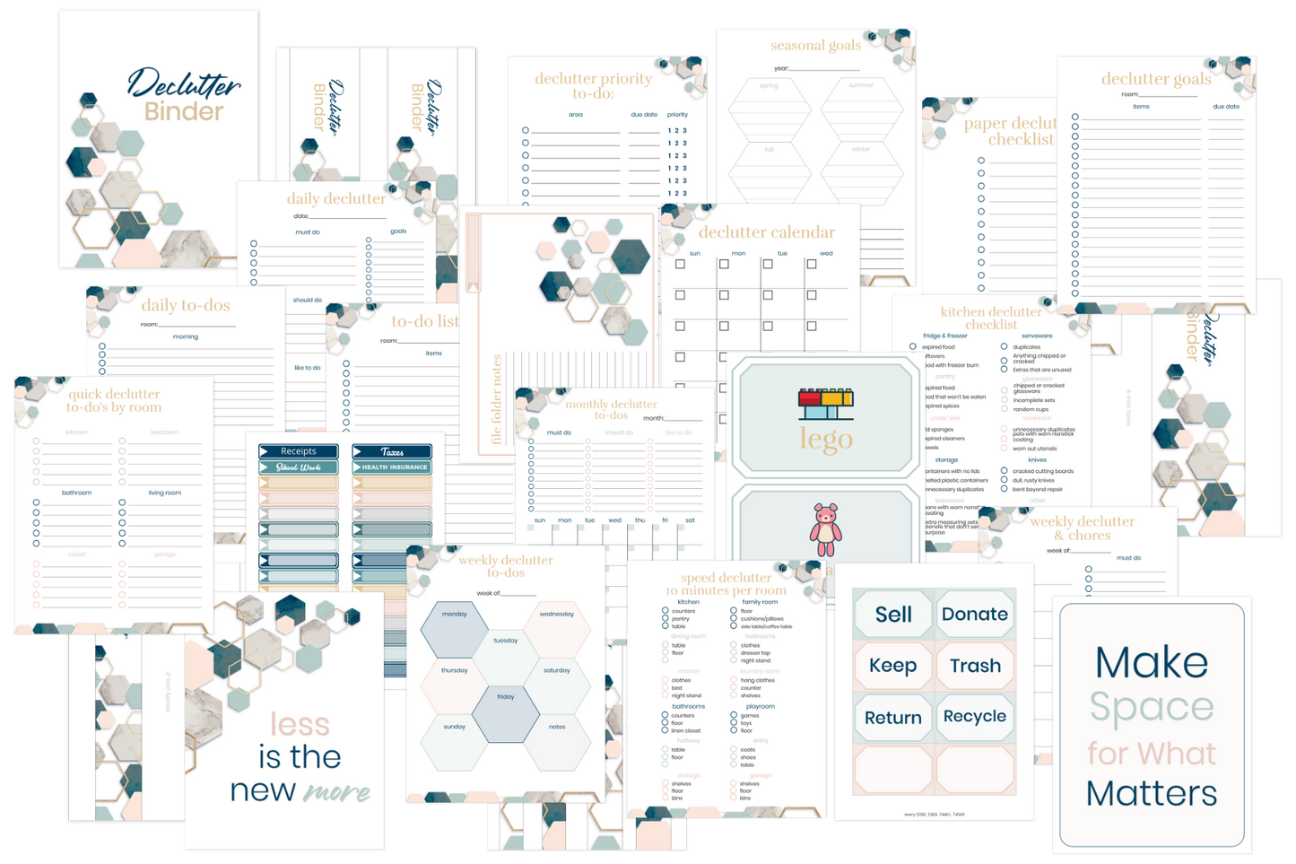 The Declutter Binder: Your Guide to a Tidy and Stress-Free Home by Wondermom Shop offers geometric-designed printables, motivational calendars, and room-by-room checklists to simplify your space.
