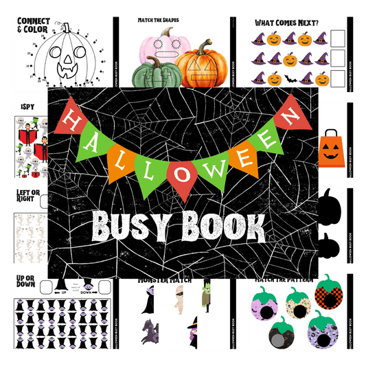 A collage of Halloween-themed worksheets features activities such as connect and color, shape matching, and patterns. The image is overlaid with a "Halloween Busy Book for Kids" banner by Wondermom Shop, ideal for anyone seeking a printable busy book packed with captivating Halloween-themed activities.