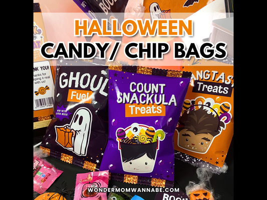 Printable Halloween Chip Bags from Wondermom Shop—featuring "Ghoul Fuel," "Count Snackula Treats," and "Fangtastic Treats"—make fun candy bags for your next spooky celebration.