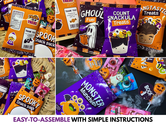 Collage of Printable Halloween Chip Bags by Wondermom Shop with candies and decorations. Colorful packaging has playful monster and pumpkin designs. "EASY-TO-ASSEMBLE WITH SIMPLE INSTRUCTIONS." Perfect for custom Halloween craft bags!.