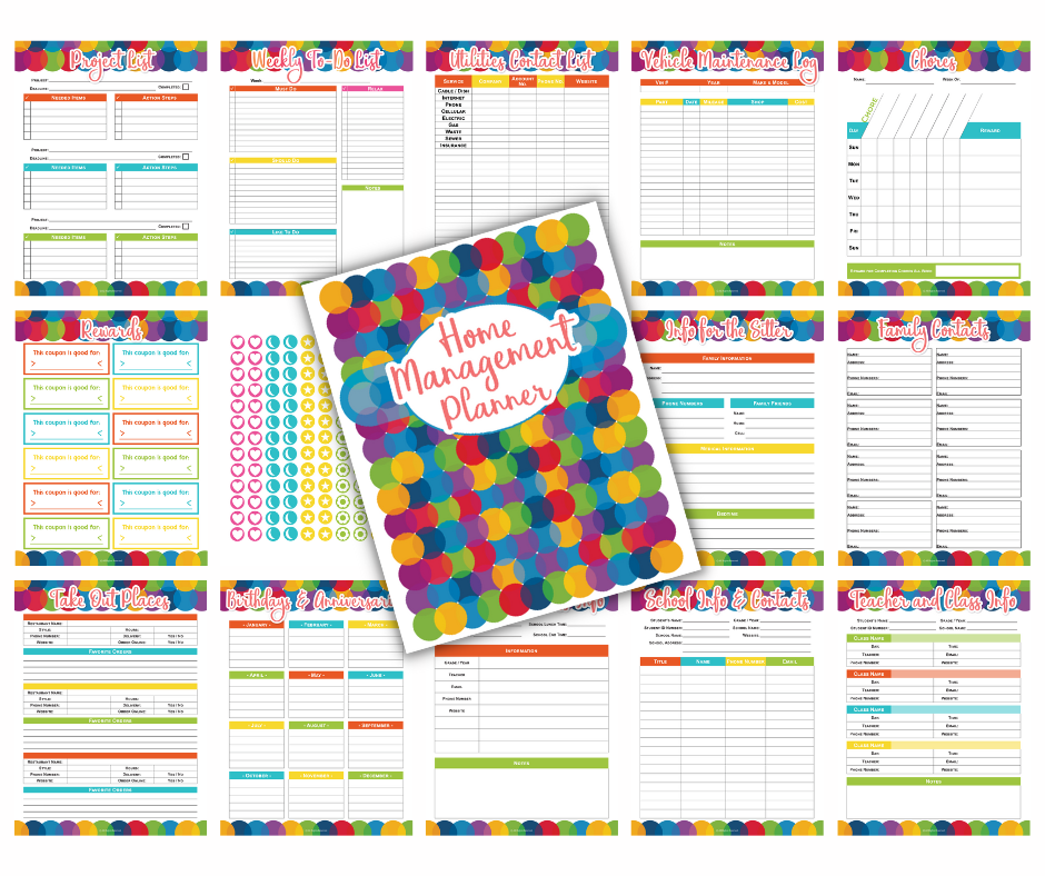 A collage of various colorful Wondermom Shop Home Management Planner Bundles including schedules, trackers, and a notebook labeled "Home Management Planner" in both printable and digital formats.