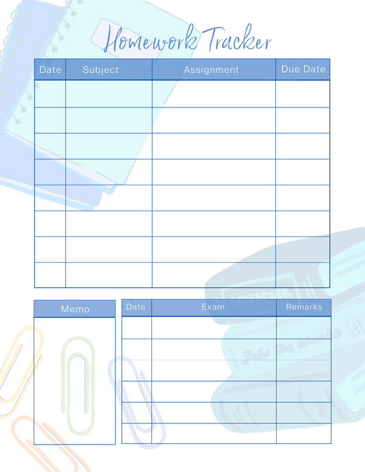 The Homework Tracker by Wondermom Printables includes sections for Date, Subject, Assignment, Due Date, Memo, Exam Date, and Remarks. The background is adorned with charming illustrations of books and stationery items.