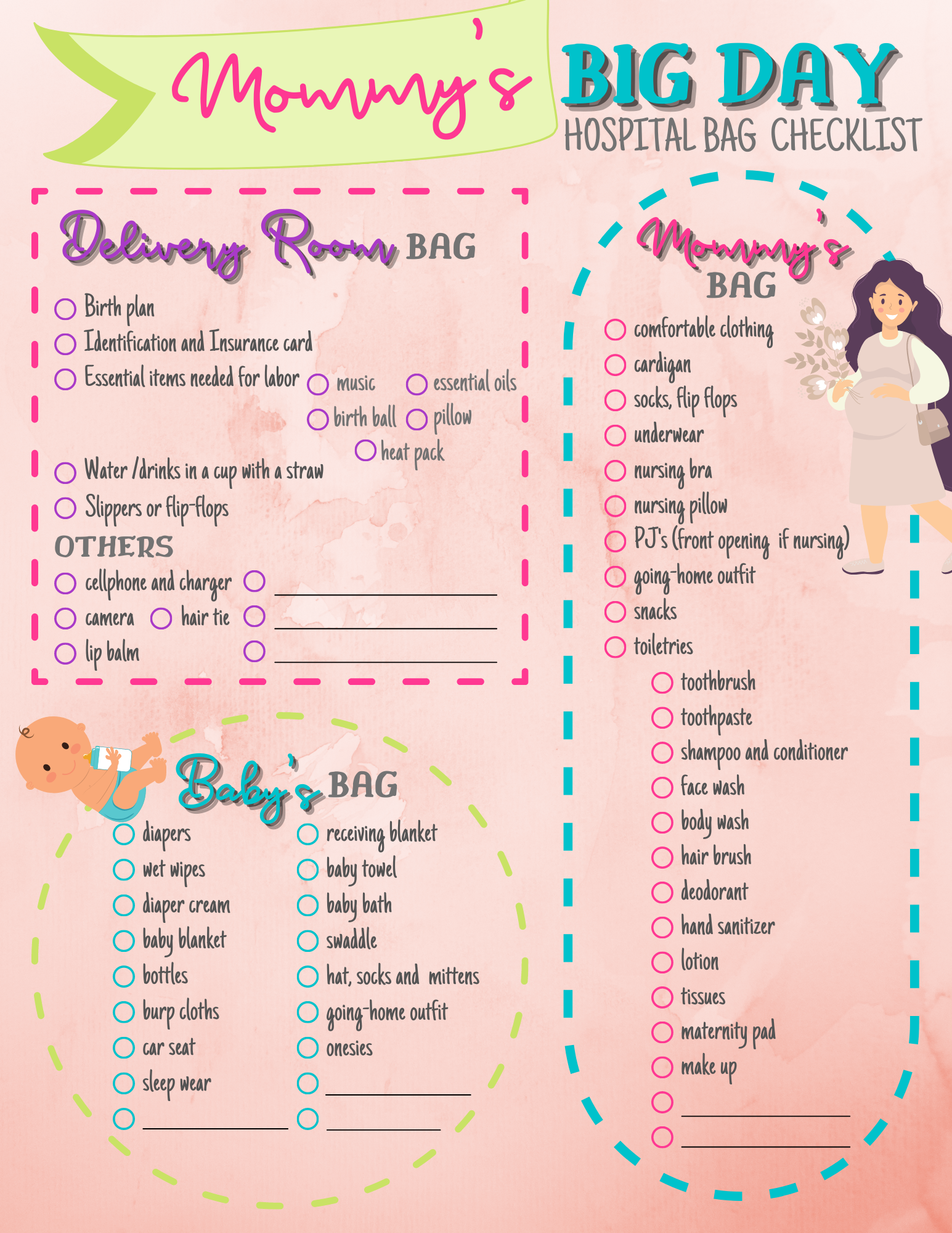 The Wondermom Printables' Hospital Maternity Bag Checklist is divided into three sections: Delivery Room Bag, Mommy's Bag, and Baby's Bag. Each section lists essential items needed for the delivery and post-delivery period, ensuring you're fully prepared for your baby's arrival. Download the printable guide today!